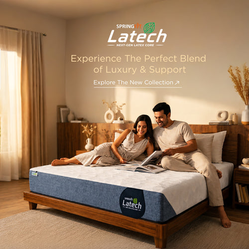 Couple relaxing on a Springfit Latech mattress featuring next-generation latex core technology for luxury comfort and body support.