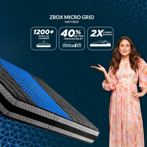 Springfit ZBOX Micro Grid mattress showcasing 1200+ micro air chambers, enhanced pressure relief, and advanced lumbar support technology.