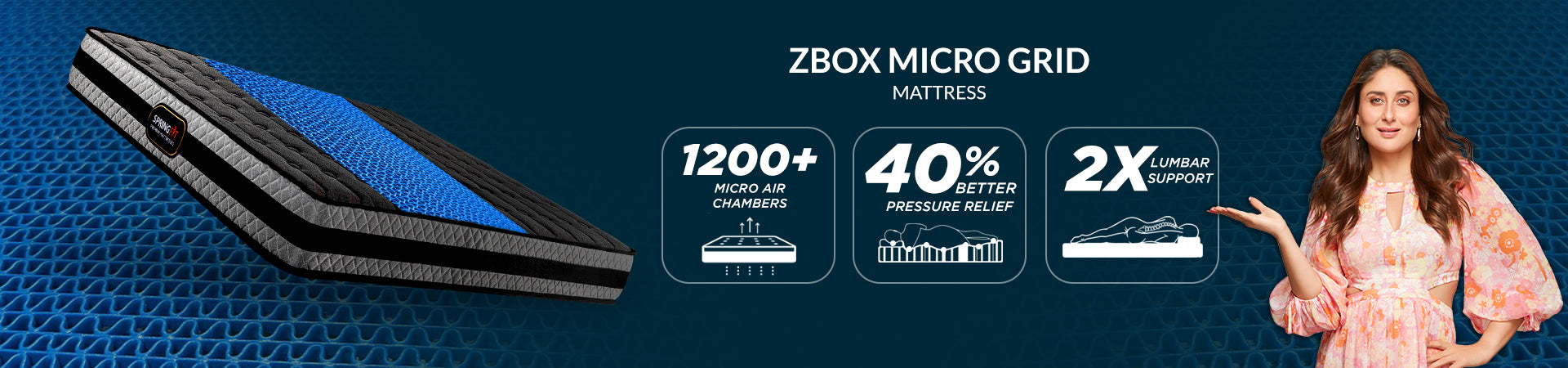 Springfit ZBOX Micro Grid mattress showcasing 1200+ micro air chambers, enhanced pressure relief, and advanced lumbar support technology.