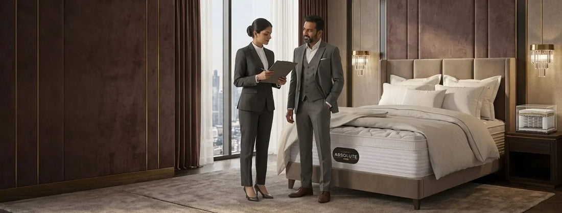 Indian customer and mattress expert discussing premium luxury beds in a hotel room.