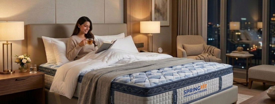 Guest relaxing on a Springfit premium mattress in a luxury hotel room, highlighting superior comfort, support, and an exceptional sleep experience for hospitality guests.