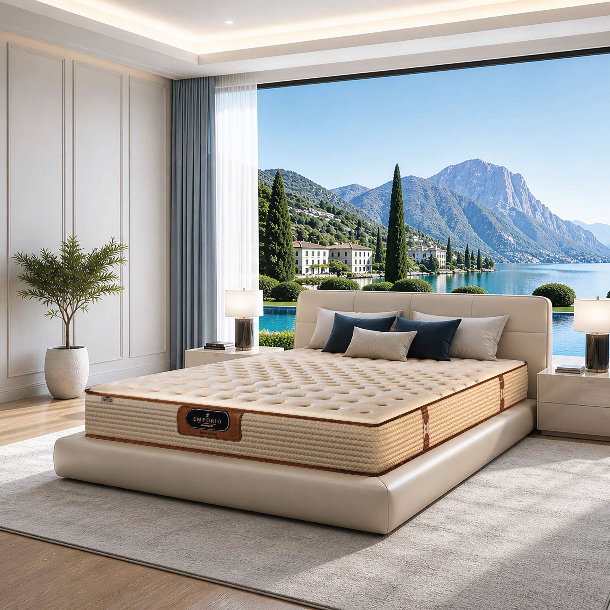 Beige mattress on a bed with a scenic view of mountains and water through large windows.