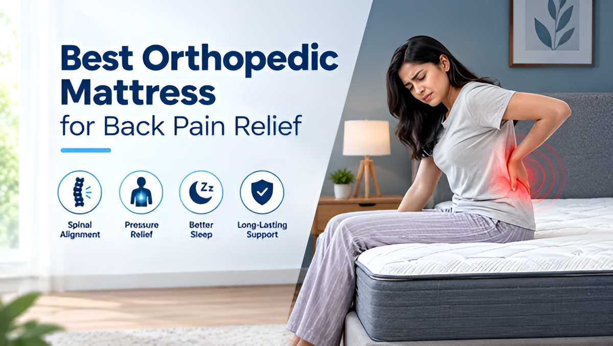 A woman sitting on the edge of a bed holding her lower back in discomfort, alongside text that reads "Best Orthopedic Mattress for Back Pain Relief" with benefit icons for spinal alignment, pressure relief, better sleep, and long-lasting support.