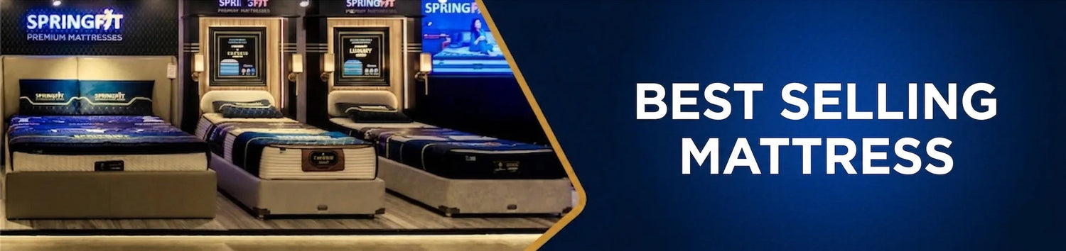 Promotional banner for a Springfield Premium Mattress featuring multiple bed models in a showroom on the left, with large white text reading 'BEST SELLING MATTRESS' on a dark blue background on the right.