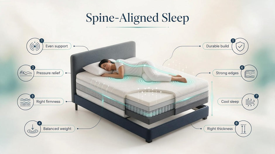 An infographic titled "Spine-Aligned Sleep" featuring a cross-section diagram of a mattress with a woman sleeping on her side, highlighting eight supportive design features.   