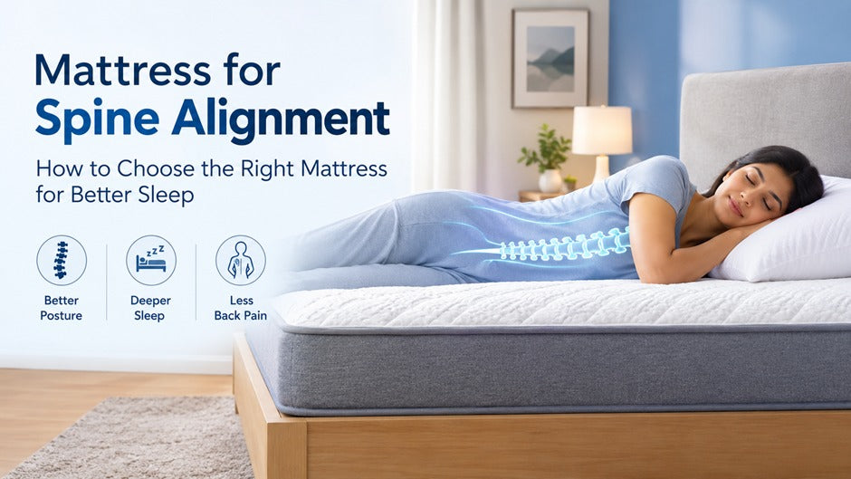 Woman sleeping on her side on a mattress, with a glowing spine illustration highlighting spinal alignment. Text reads “Mattress for Spine Alignment: How to Choose the Right Mattress for Better Sleep,” with icons for better posture, deeper sleep, and less back pain.