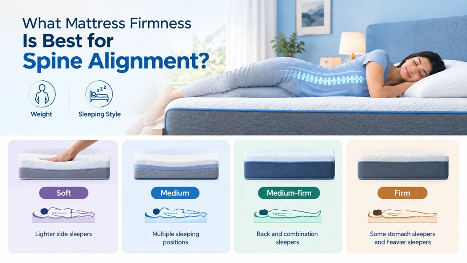 Infographic titled “What Mattress Firmness Is Best for Spine Alignment?” showing a woman sleeping on a mattress with a glowing spine illustration. The graphic explains four firmness levels: Soft for lighter side sleepers, Medium for multiple sleeping positions, Medium-firm for back and combination sleepers, and Firm for some stomach sleepers and heavier sleepers. It also highlights weight and sleeping style as factors in choosing firmness.