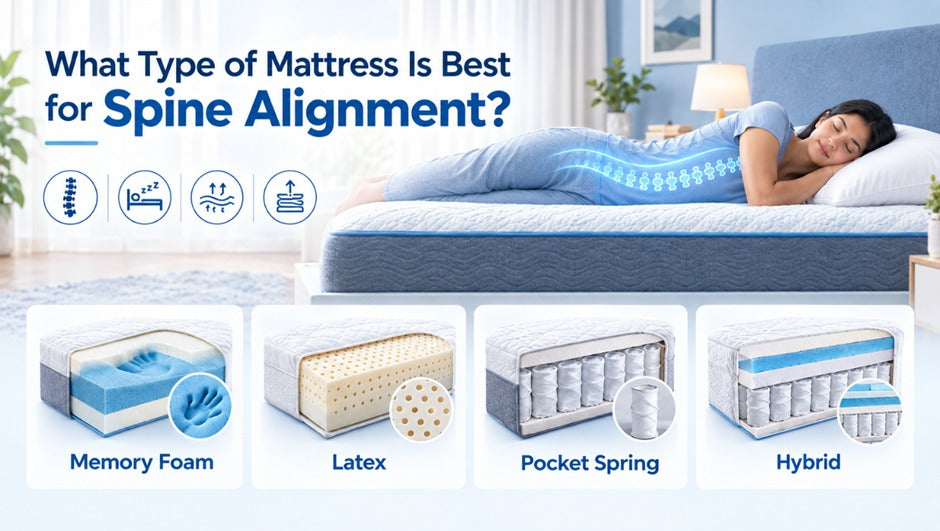 Infographic titled “What Type of Mattress Is Best for Spine Alignment?” showing a woman sleeping on a mattress with a glowing spine illustration. Along the bottom are four mattress types with cross-section illustrations: Memory Foam, Latex, Pocket Spring, and Hybrid.