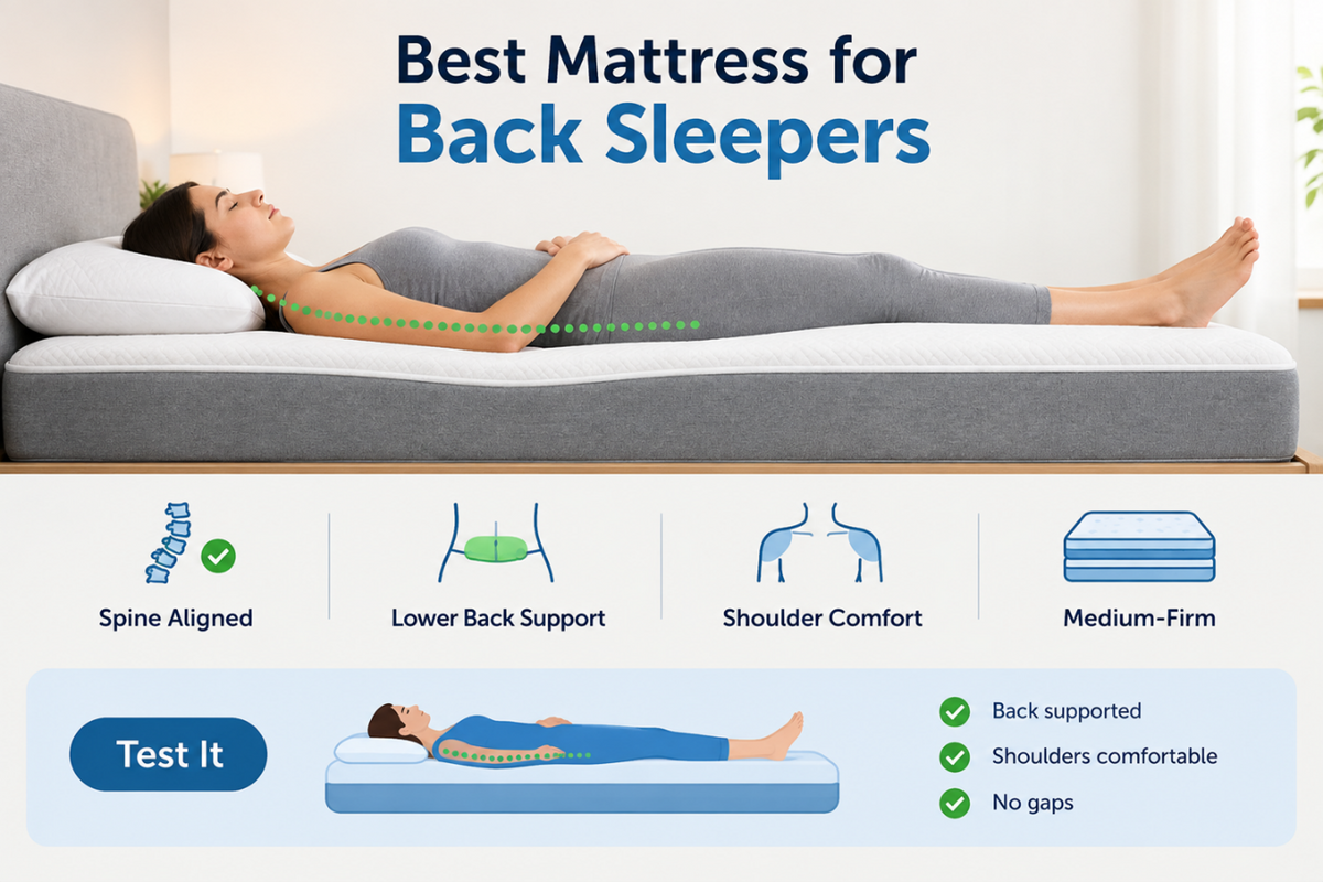 Infographic titled Best Mattress for Back Sleepers showing a woman lying on a medium-firm mattress with proper spine alignment, lower back support, and shoulder comfort.