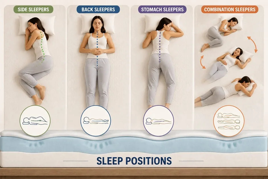 Infographic detailing various sleep positions—side sleepers, back sleepers, stomach sleepers, and combination sleepers—showing proper spinal alignment on a memory foam mattress.