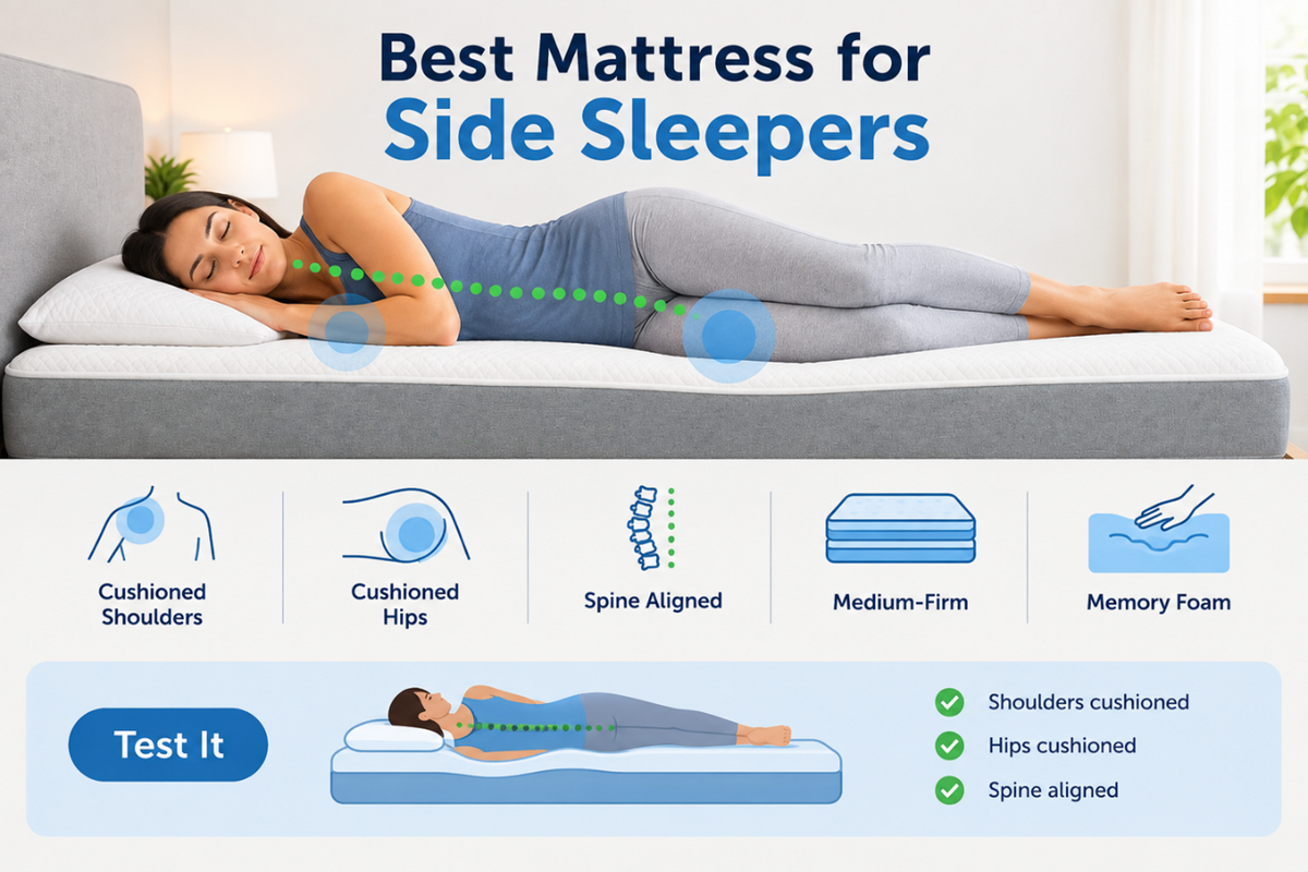 Infographic titled Best Mattress for Side Sleepers showing a woman sleeping on her side on a medium-firm memory foam mattress with cushioned shoulders, cushioned hips, and proper spinal alignment.