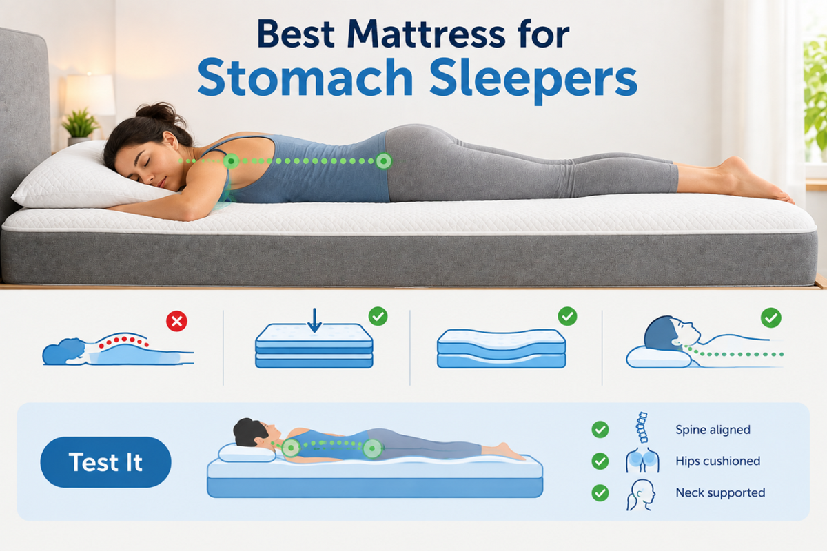 Infographic titled Best Mattress for Stomach Sleepers showing a woman lying on her stomach with proper spine alignment, hip support, and neck alignment.