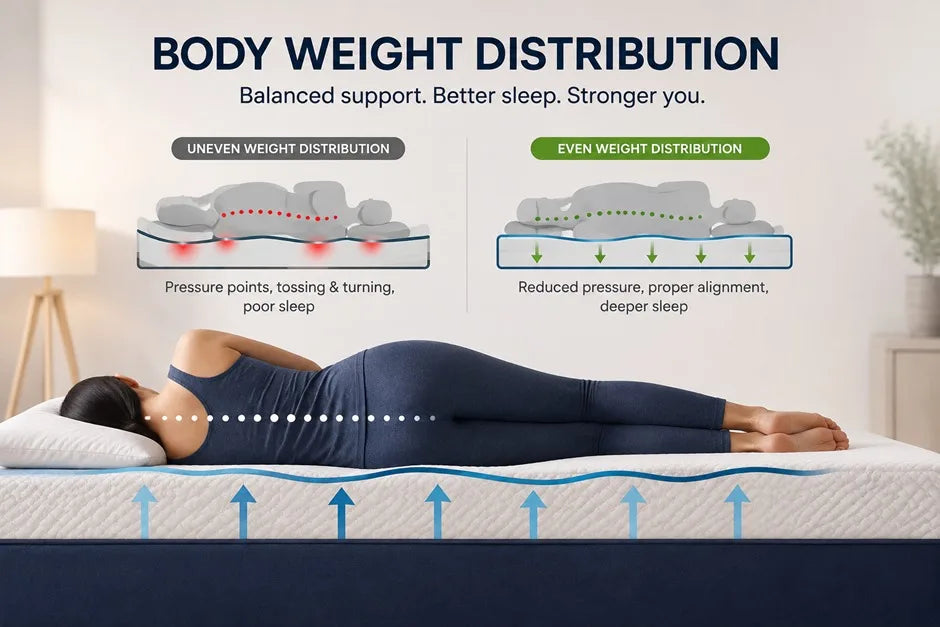 Infographic comparing uneven vs even body weight distribution on a mattress, highlighting proper spinal alignment and pressure relief with a side-sleeping woman.