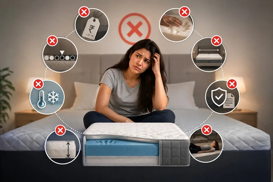 Infographic showing a confused woman sitting on a bed surrounded by red checkmarks, highlighting common mistakes to avoid when buying a memory foam mattress.