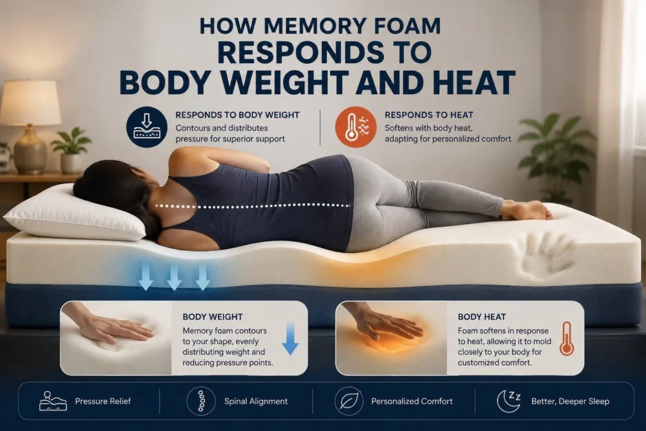 Infographic demonstrating how memory foam responds to body weight and heat, showing a side sleeper with proper spinal alignment on a contoured mattress.