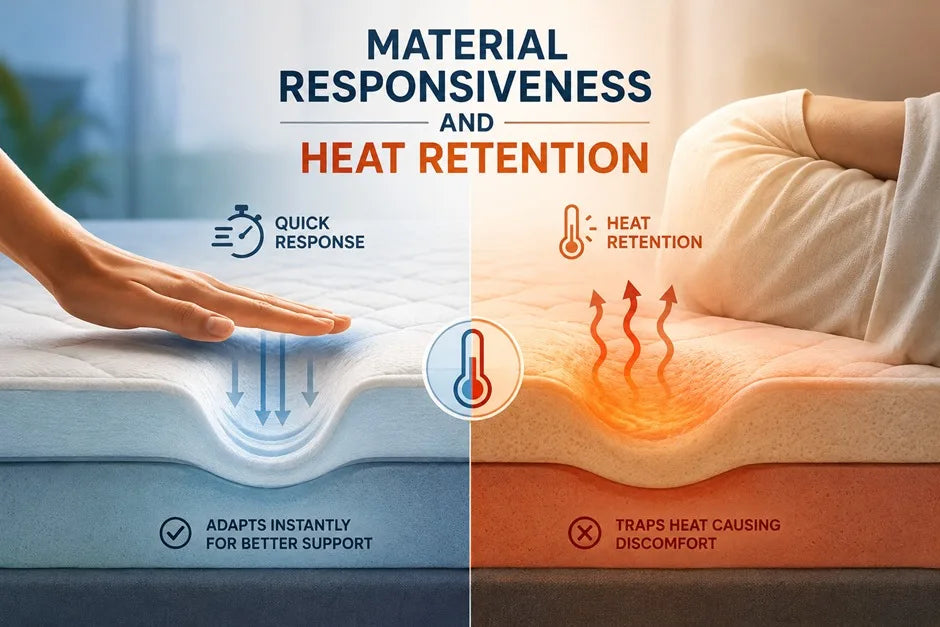 Infographic comparing material responsiveness versus heat retention in mattresses, showing quick-response adaptive foam on the left and traditional heat-trapping foam on the right.