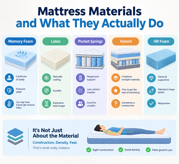 Infographic titled Mattress Materials and What They Actually Do, comparing Memory Foam, Latex, Pocket Springs, Hybrid, and HR Foam with their respective pros and cons.