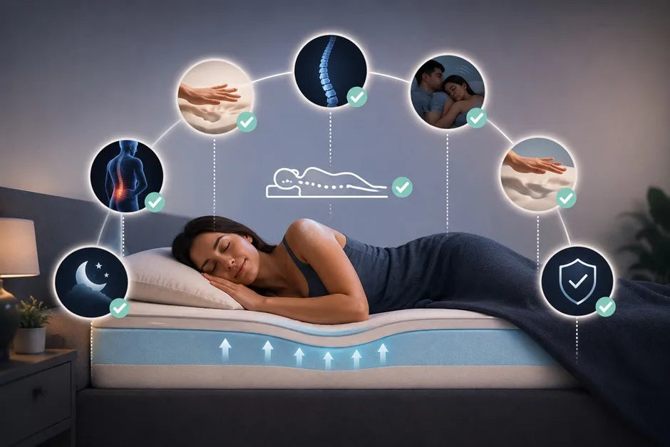 Infographic showing a woman sleeping peacefully on an ergonomic memory foam mattress with icons highlighting key health benefits, including spine alignment, pressure relief, and motion isolation.