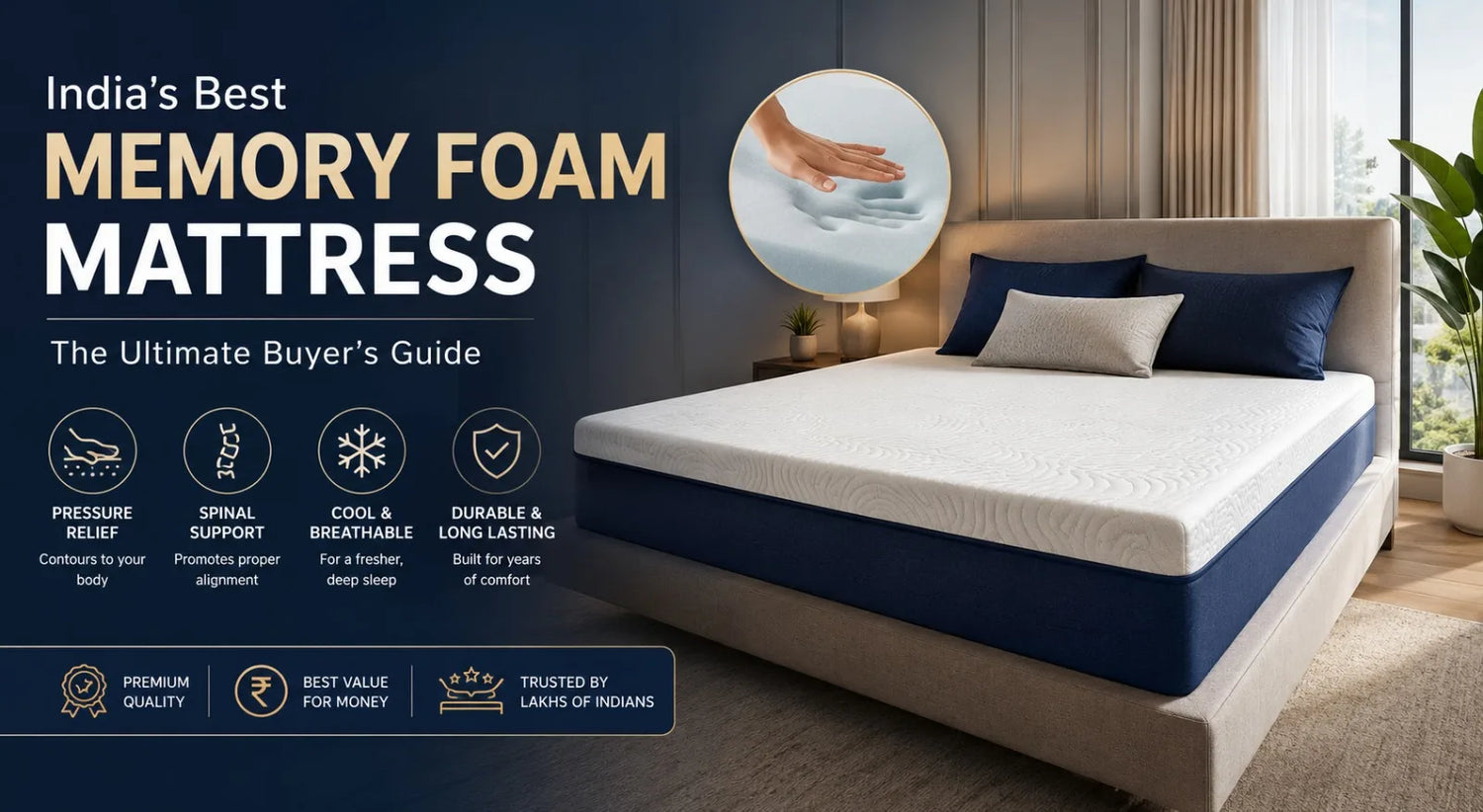 India's Best Memory Foam Mattress Ultimate Buyer's Guide banner featuring a navy blue and white memory foam mattress in a modern bedroom with highlighted features like pressure relief and spinal support.