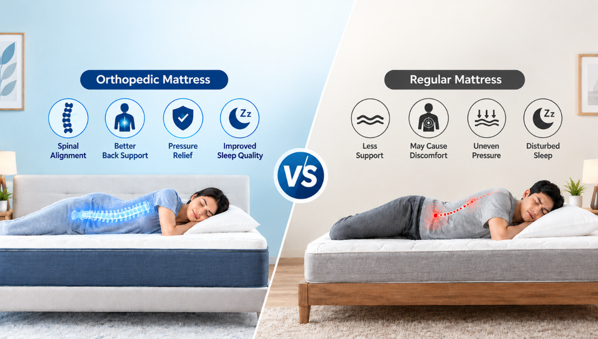 Comparison infographic showing an Orthopedic Mattress promoting proper spinal alignment and pressure relief versus a Regular Mattress causing poor posture, lower back discomfort, and uneven pressure during sleep.