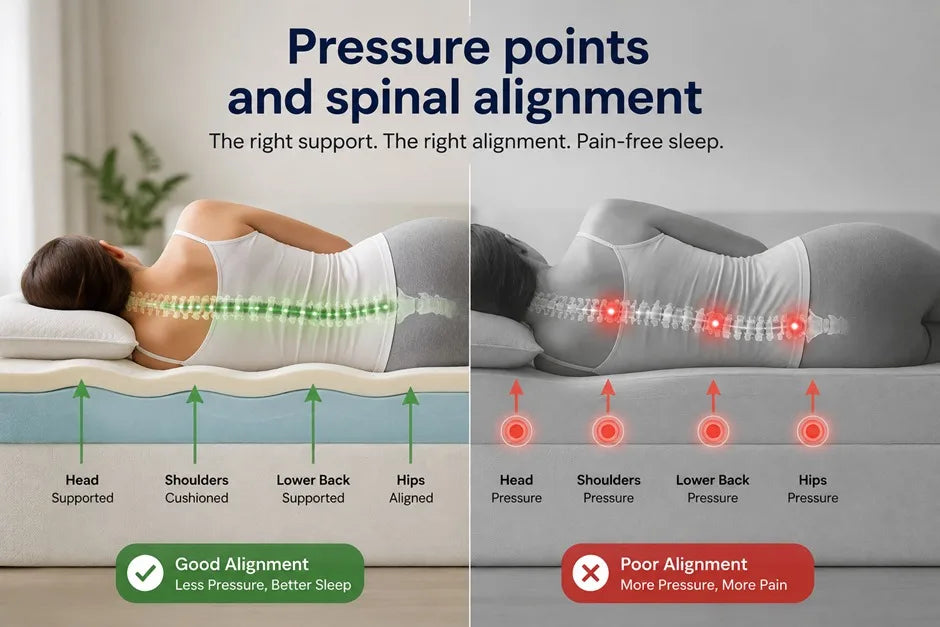 Infographic comparing good vs poor spinal alignment on a mattress, demonstrating pressure point relief at the shoulders, lower back, and hips for pain-free sleep.