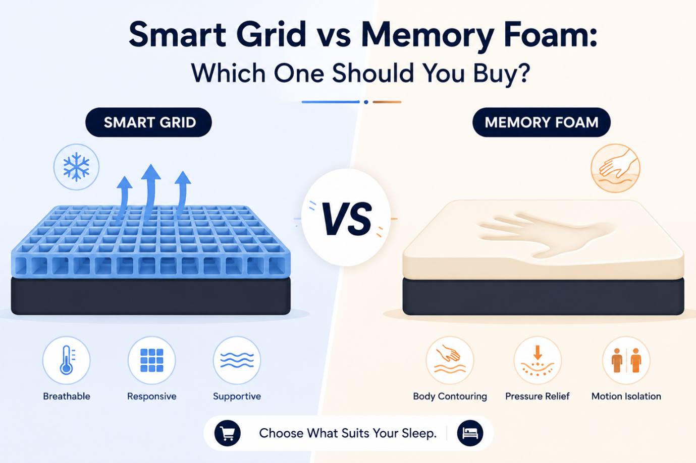 Buying guide infographic comparing Smart Grid and Memory Foam mattresses, showing Smart Grid features like breathability and responsiveness versus Memory Foam body contouring and pressure relief.