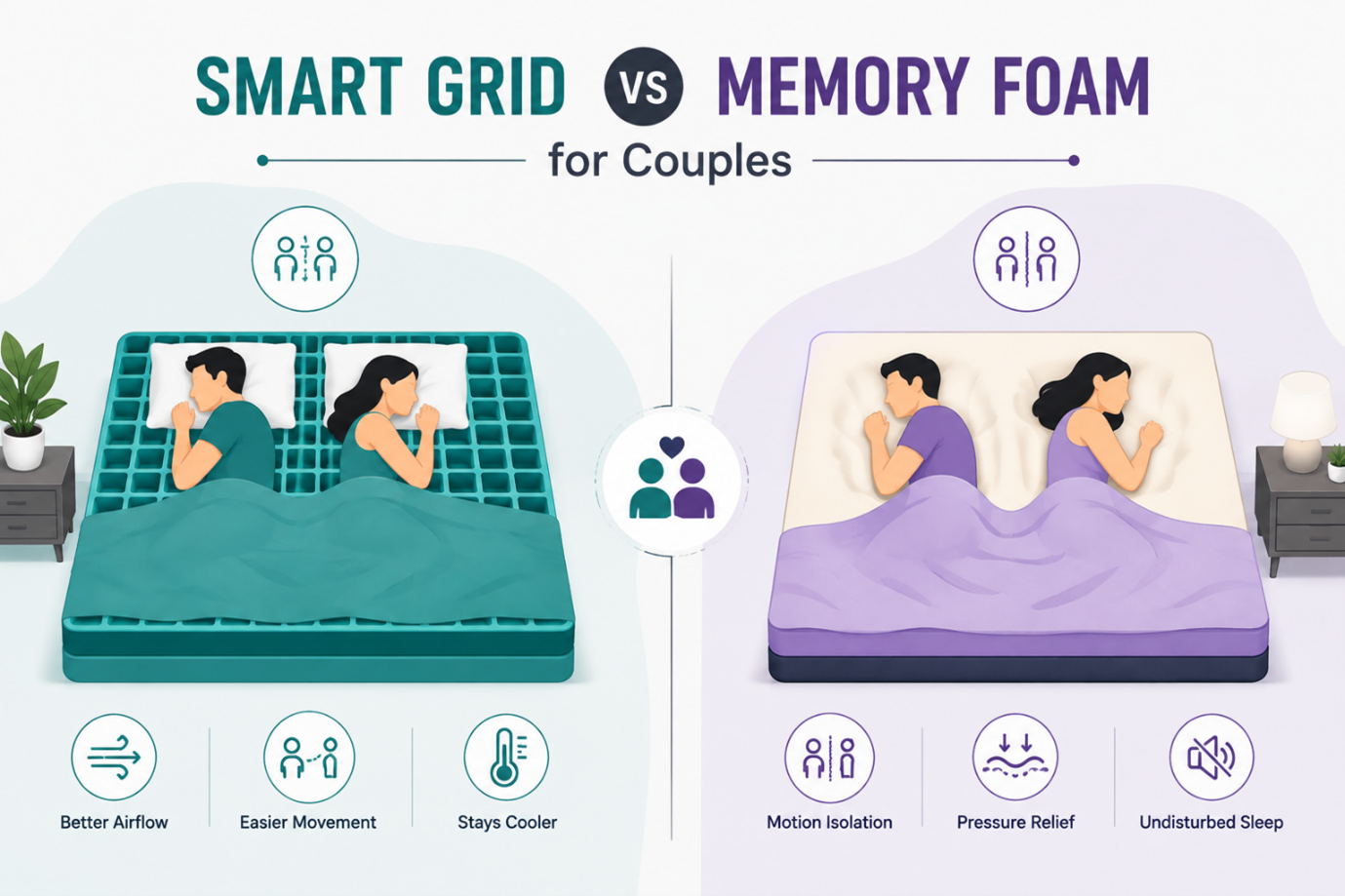 Comparison infographic of Smart Grid vs Memory Foam mattresses for couples, highlighting airflow, ease of movement, temperature regulation, and motion isolation.