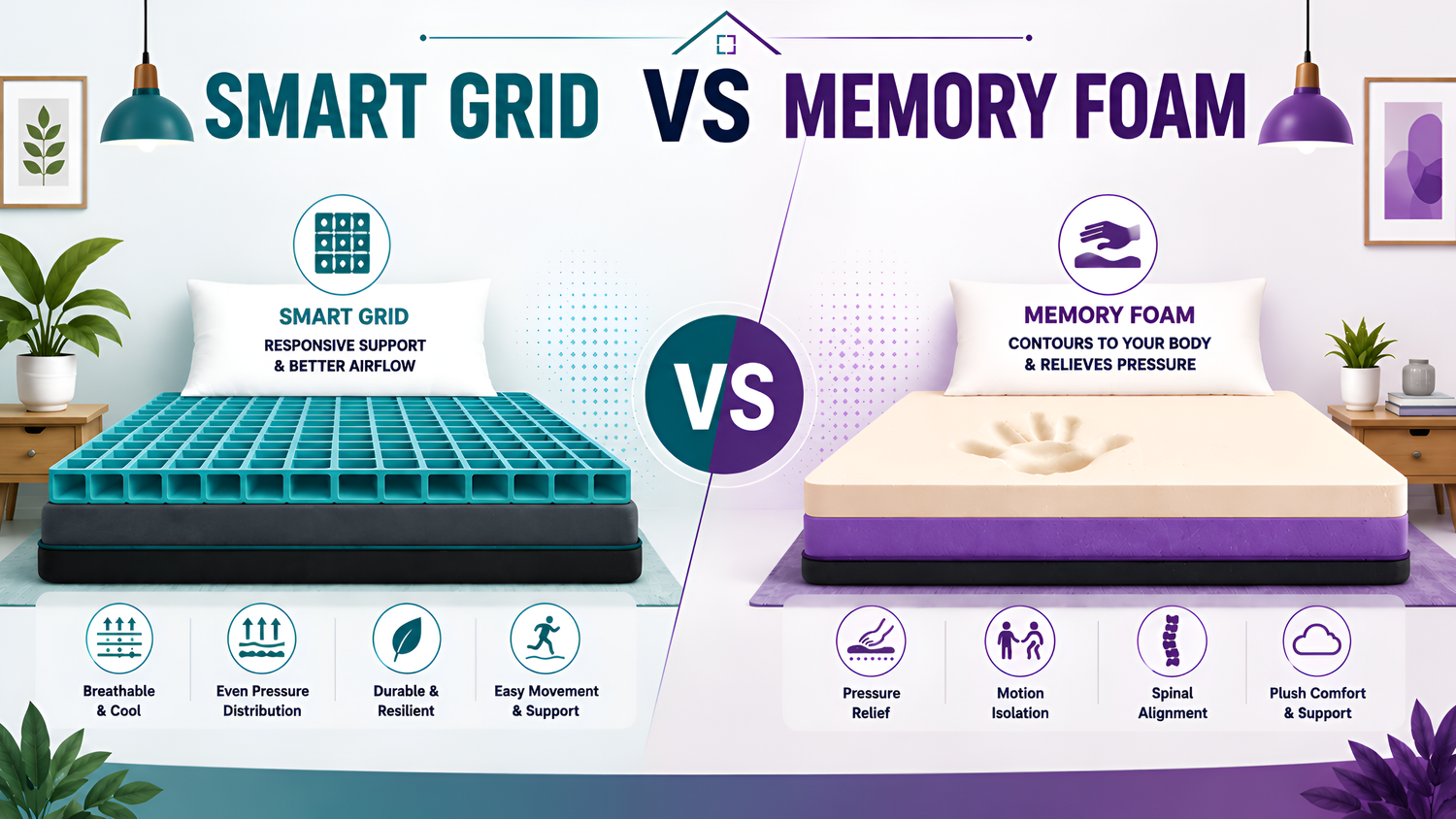 Comparison infographic of Smart Grid vs Memory Foam mattresses, highlighting features like airflow, pressure relief, durability, motion isolation, and spinal alignment.
