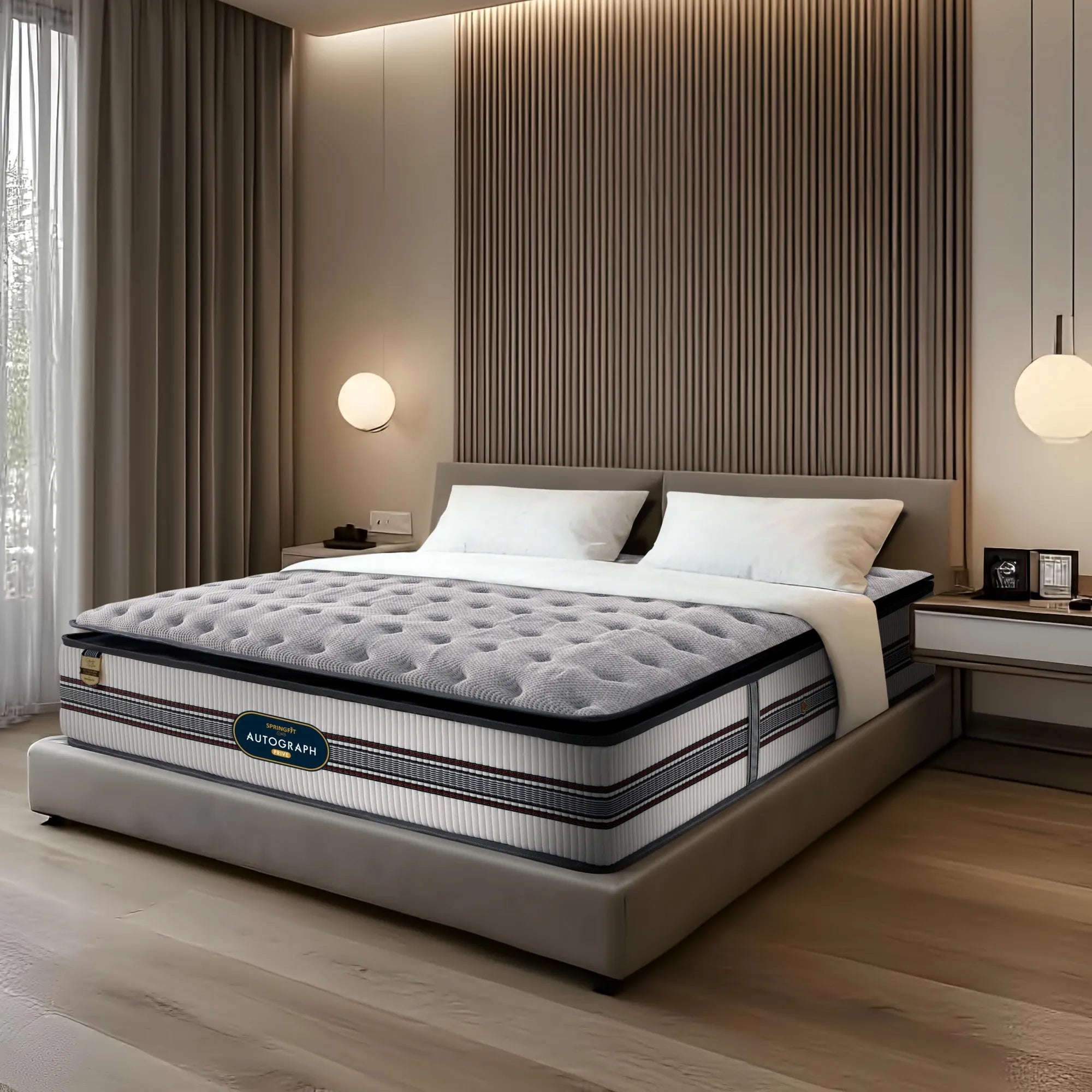 Angled side view of the Springfit Autograph Prive mattress with a grey textured pillow top, placed on a low-profile grey bed frame in a contemporary bedroom with globe pendant wall lamps and curtained windows