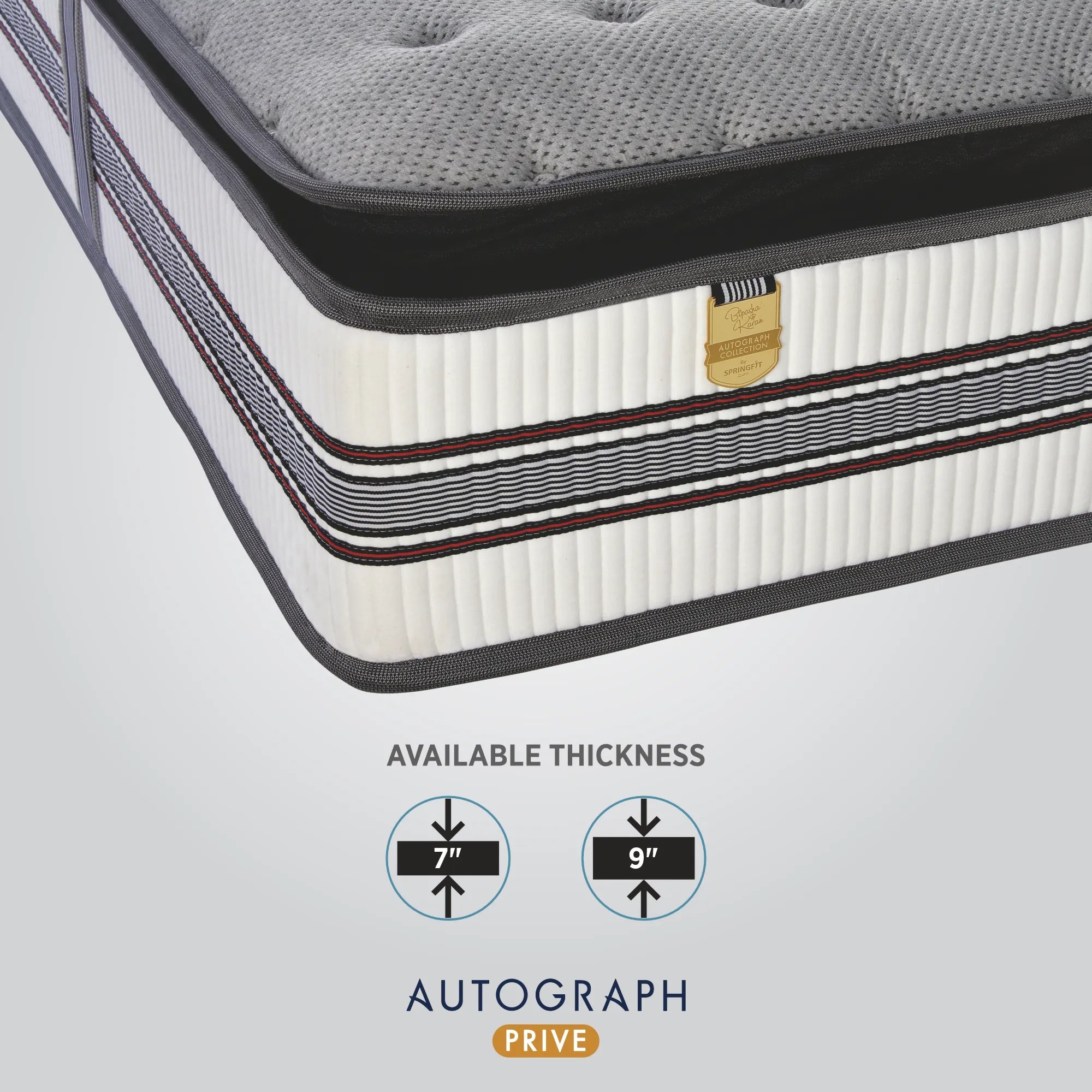 Corner close-up of the Springfit Autograph Prive mattress highlighting its grey pillow top, dark border trim, and signature gold Autograph Collection label, with an infographic showing available thickness options of 7 inches and 9 inches