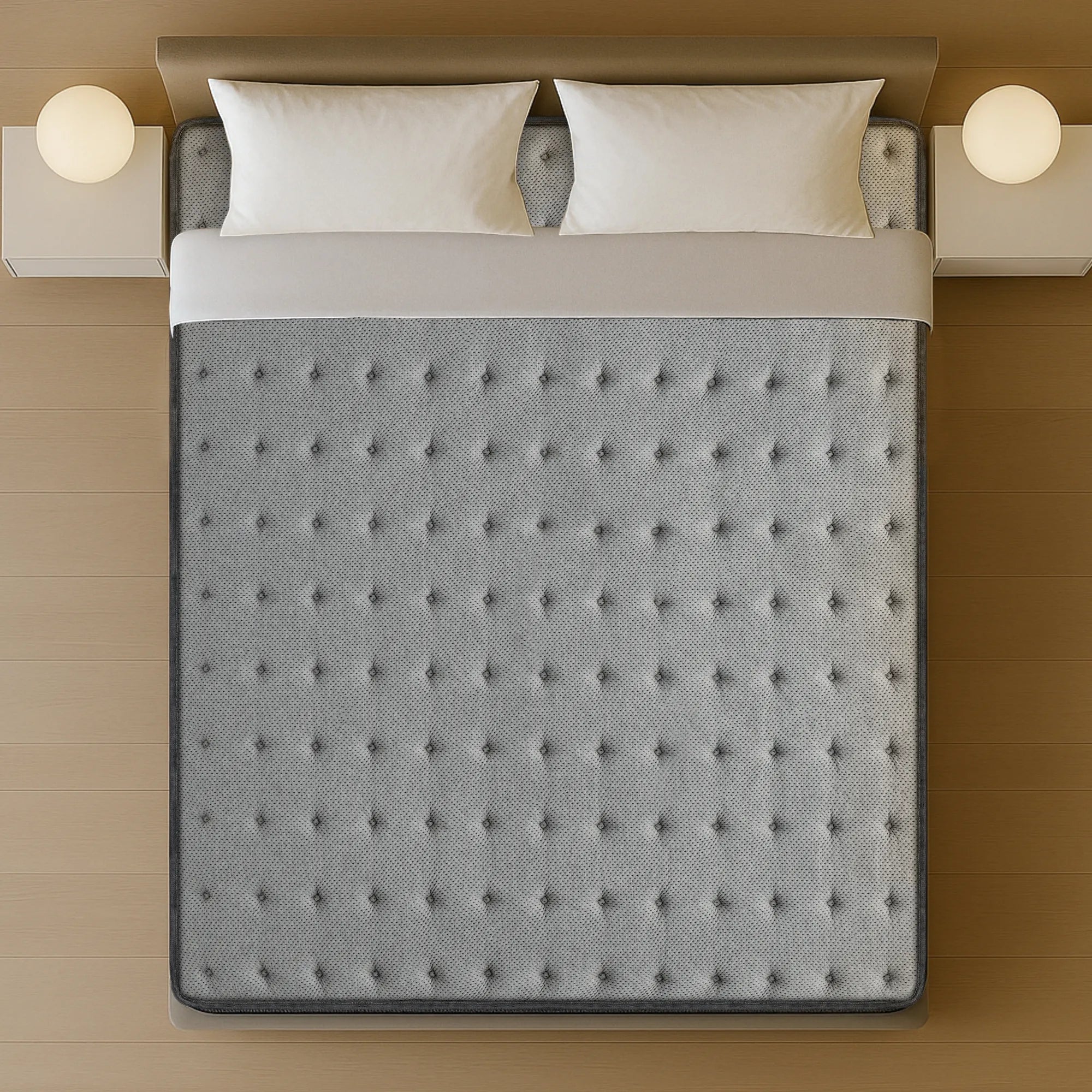 Overhead top-down view of the Springfit Autograph Prive mattress showing its full grey high-GSM melange tufted fabric surface on a bed with two white pillows and flanking globe wall lamps