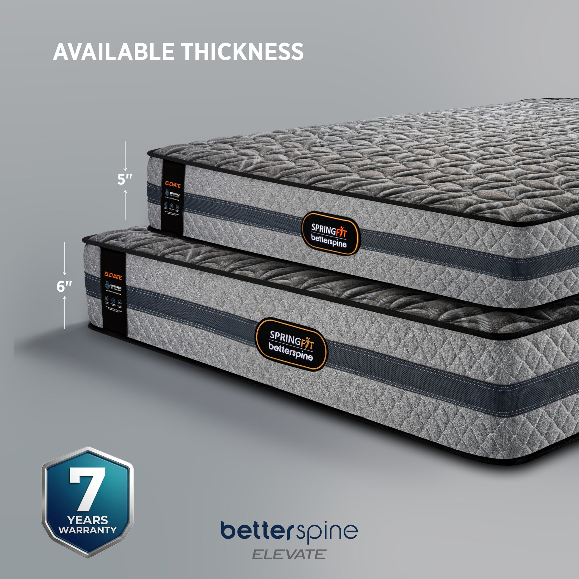 SpringFit BetterSpine Elevate mattress shown in two available thickness options — 5 inch and 6 inch — stacked on a grey background with 7 Years Warranty badge
