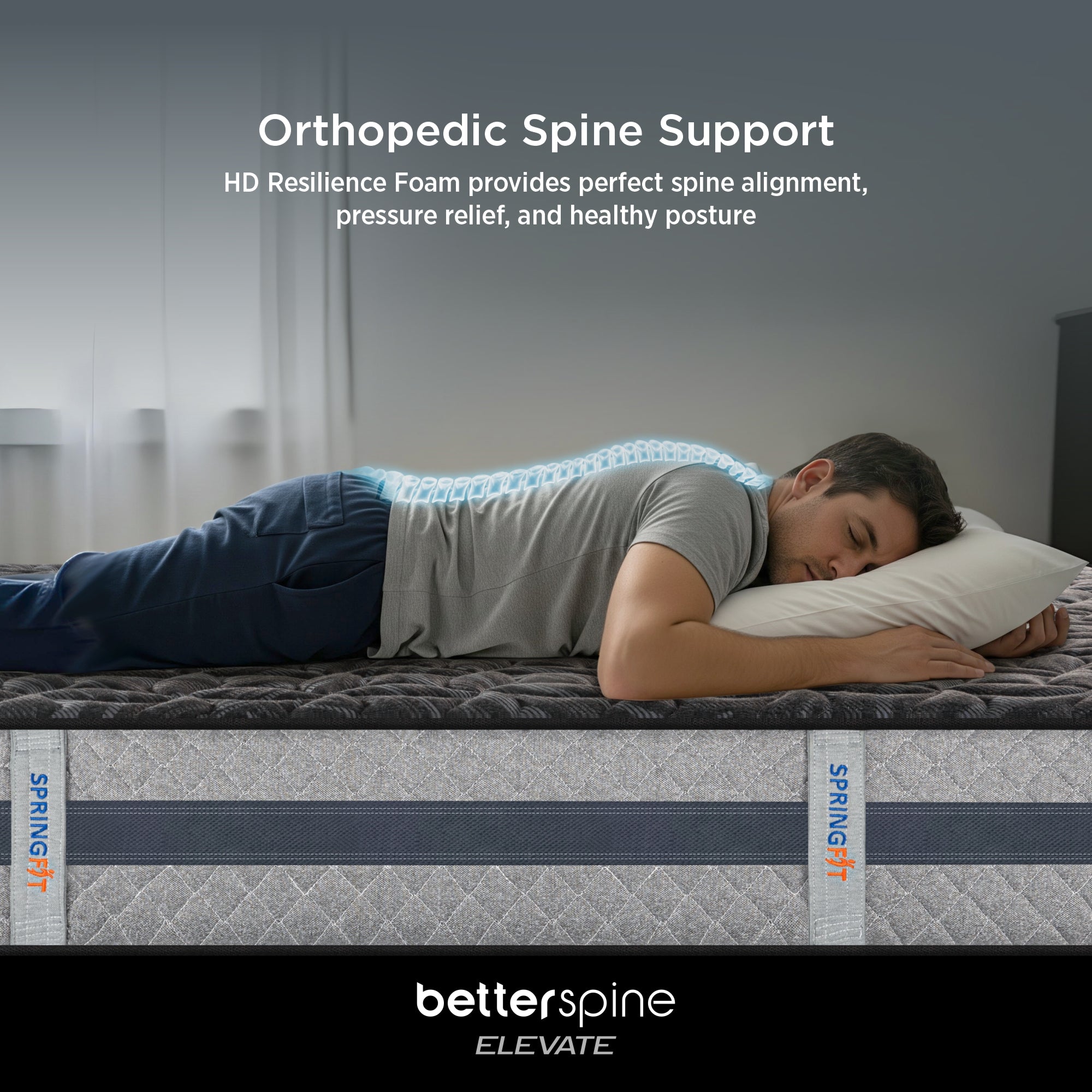 Springfit BetterSpine Elevate mattress Orthopedic Spine Support feature showing HD Resilience Foam spine alignment graphic with man sleeping on his side