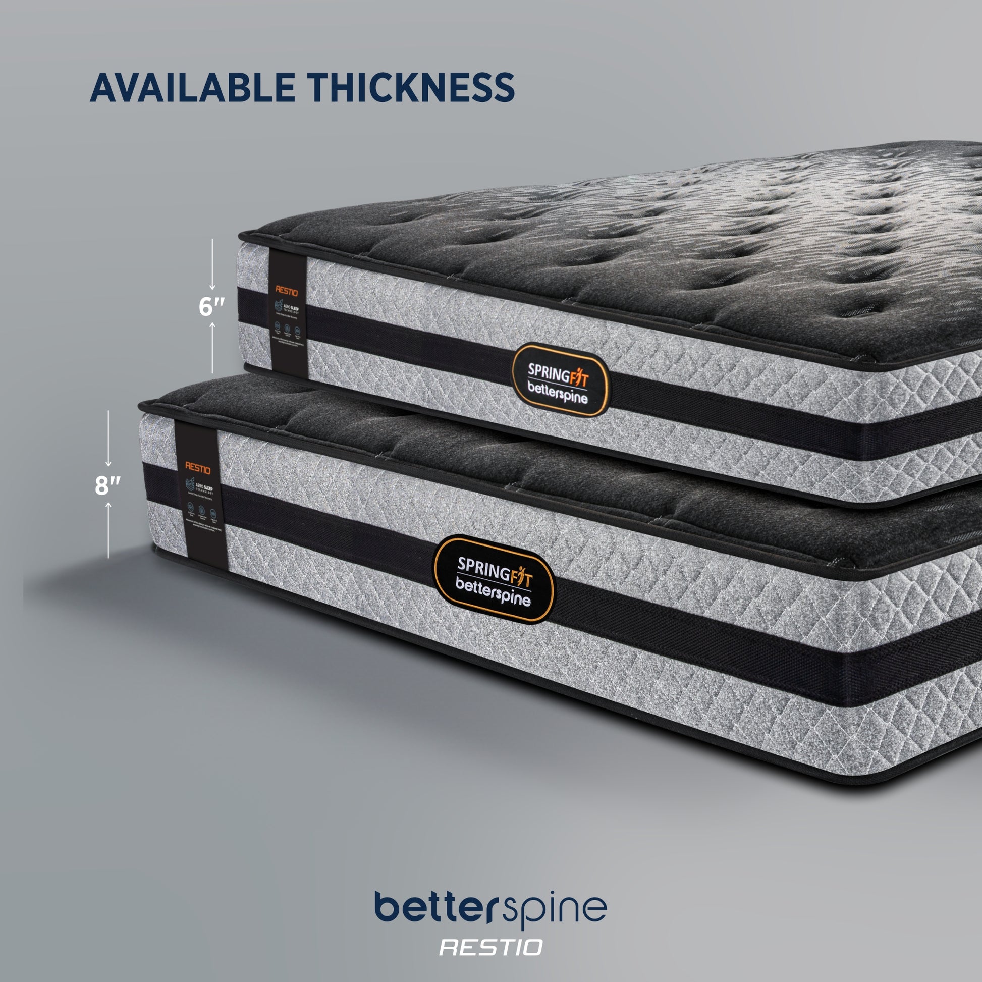 Springfit BetterSpine Restio mattress available in 6 inch and 8 inch thickness variants side by side comparison