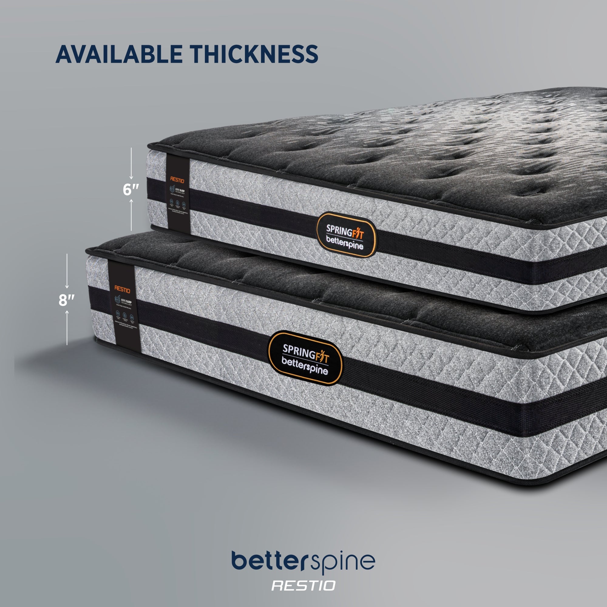 Springfit BetterSpine Restio mattress available in 6 inch and 8 inch thickness variants side by side comparison