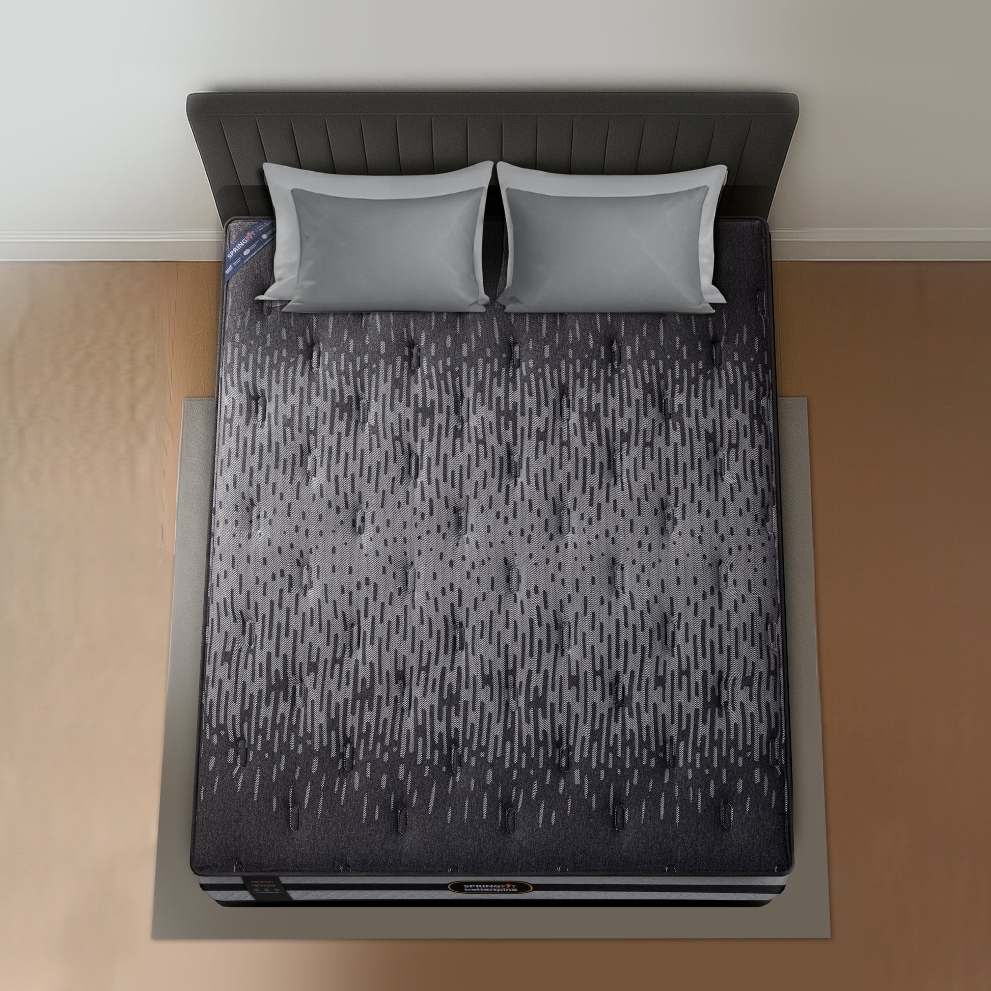 Top view of Springfit BetterSpine Restio mattress showing charcoal knitted fabric with tufting pattern