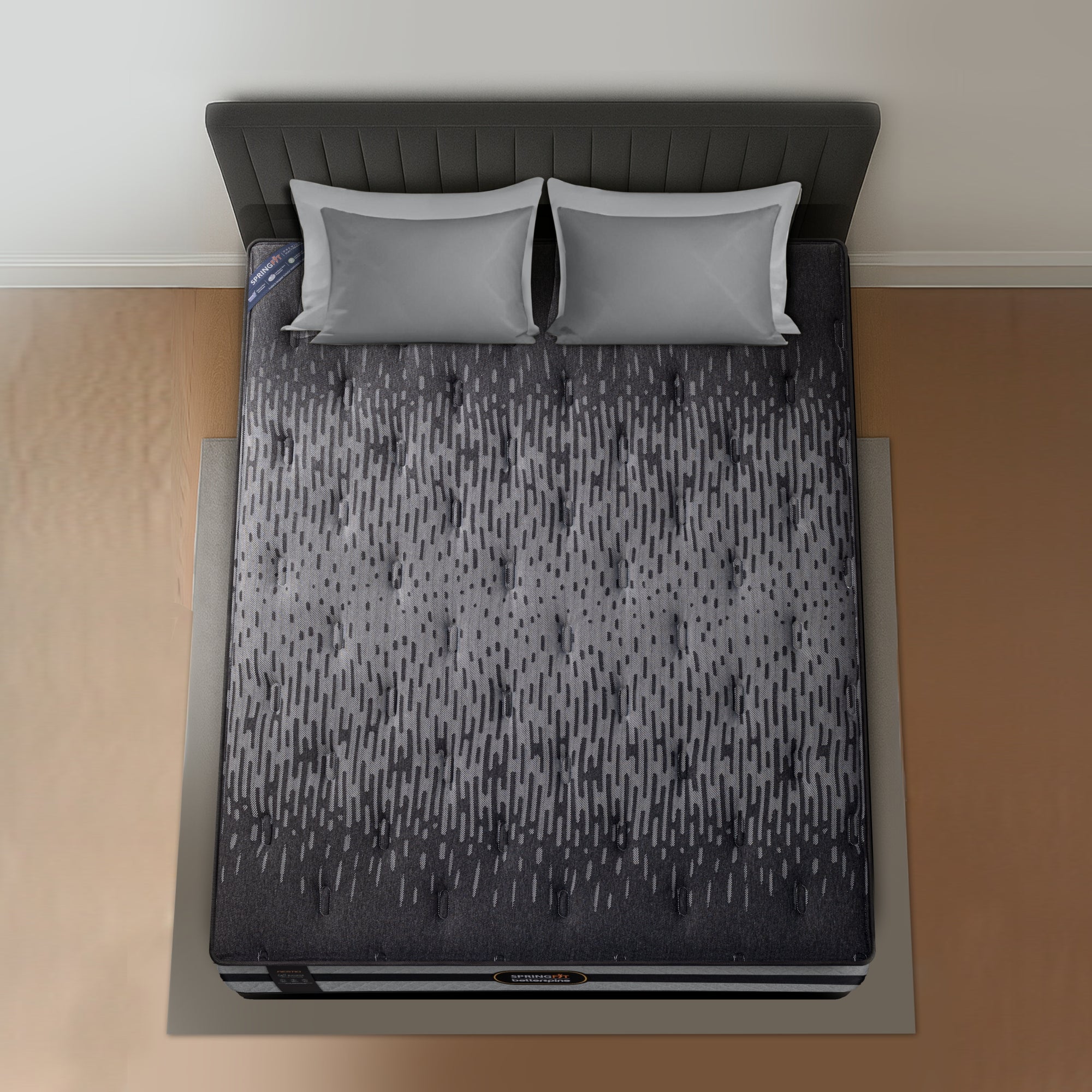 Top view of Springfit BetterSpine Restio mattress showing charcoal knitted fabric with tufting pattern