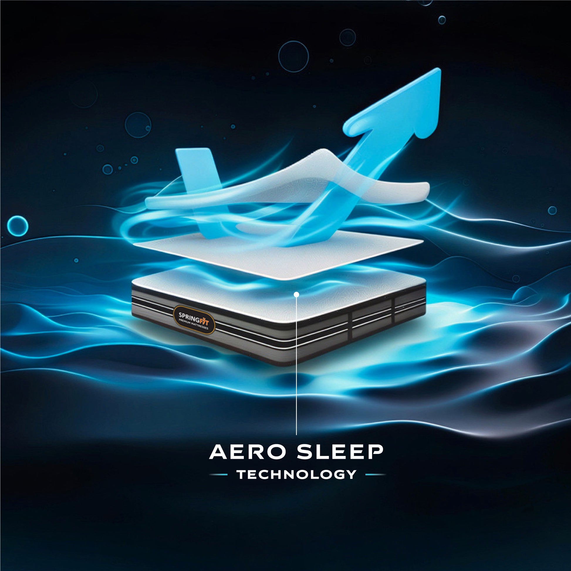 Aero Sleep Technology feature infographic for the Springfit Betterspine Support mattress, showing a dramatic dark blue background with cyan airflow arrows and foam layers lifting apart to illustrate breathable airflow through the mattress