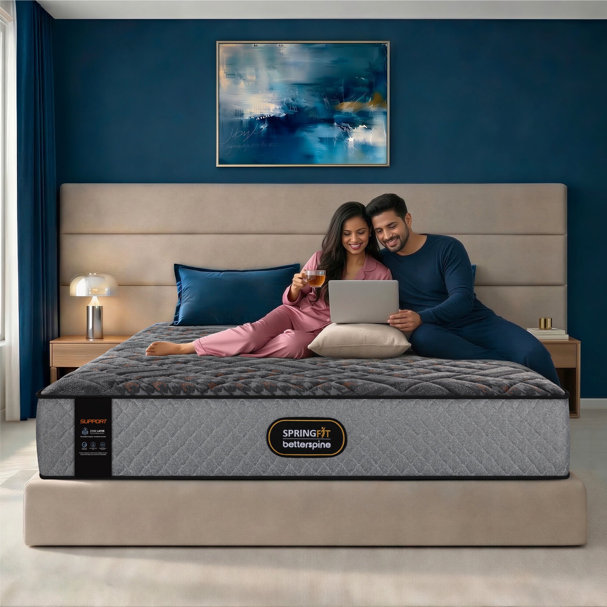 Springfit Betterspine Support mattress on a beige upholstered platform bed in a navy blue accent-wall bedroom, with a smiling couple in loungewear relaxing together — woman holding a drink and man browsing a laptop