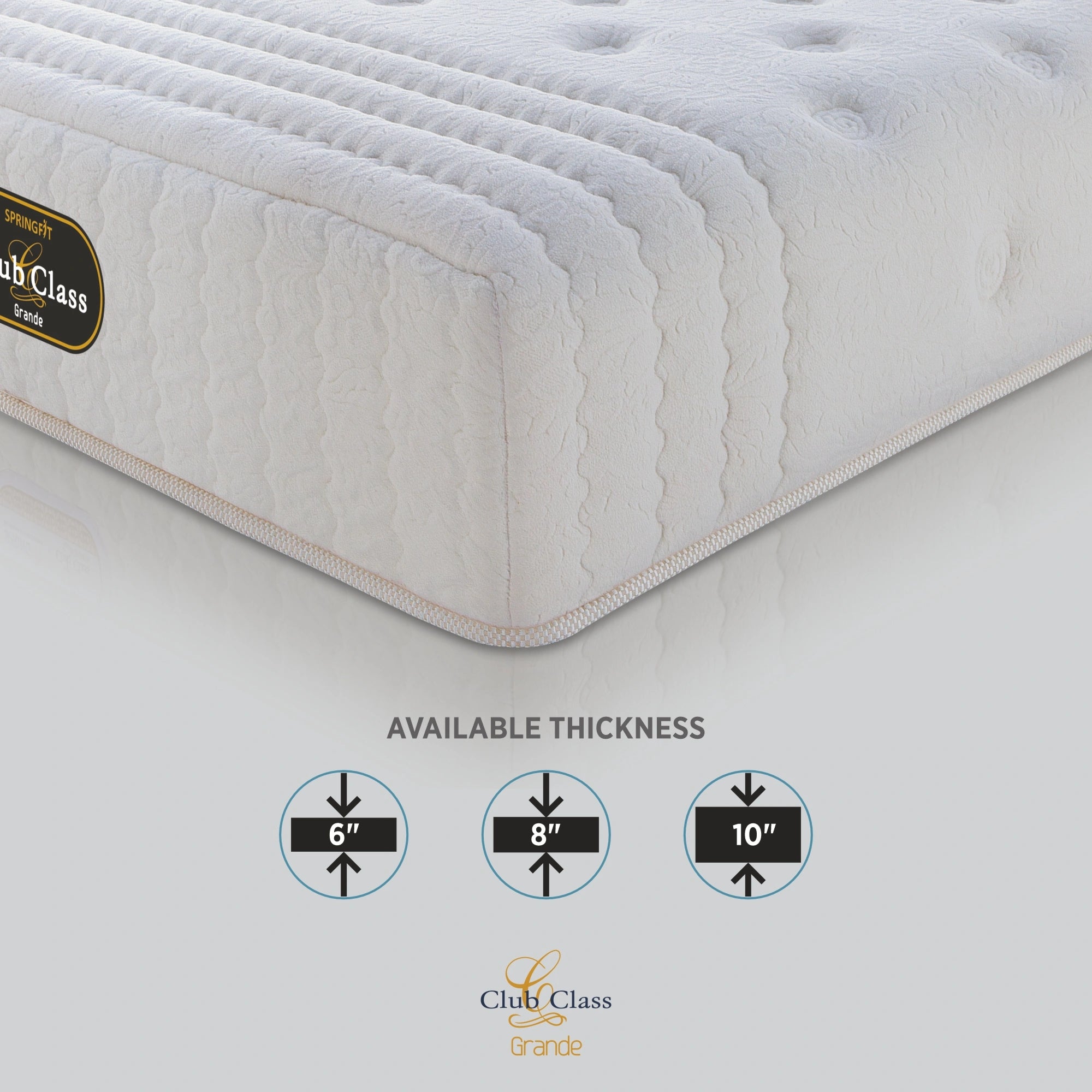 Springfit Club Class Grande mattress corner close-up showing white tufted premium jacquard top surface with ribbed side border and available thickness options of 6 inch, 8 inch, and 10 inch