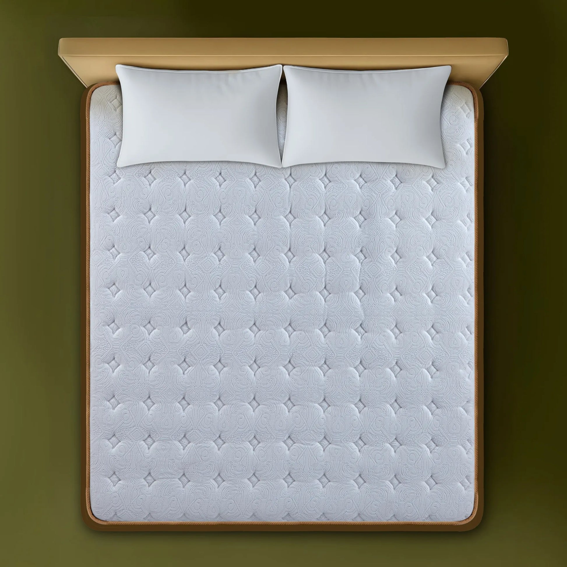 Springfit Club Class Natura mattress aerial top view showing white embossed star and swirl pattern knitted fabric on camel-bordered bed with two white pillows on olive green background