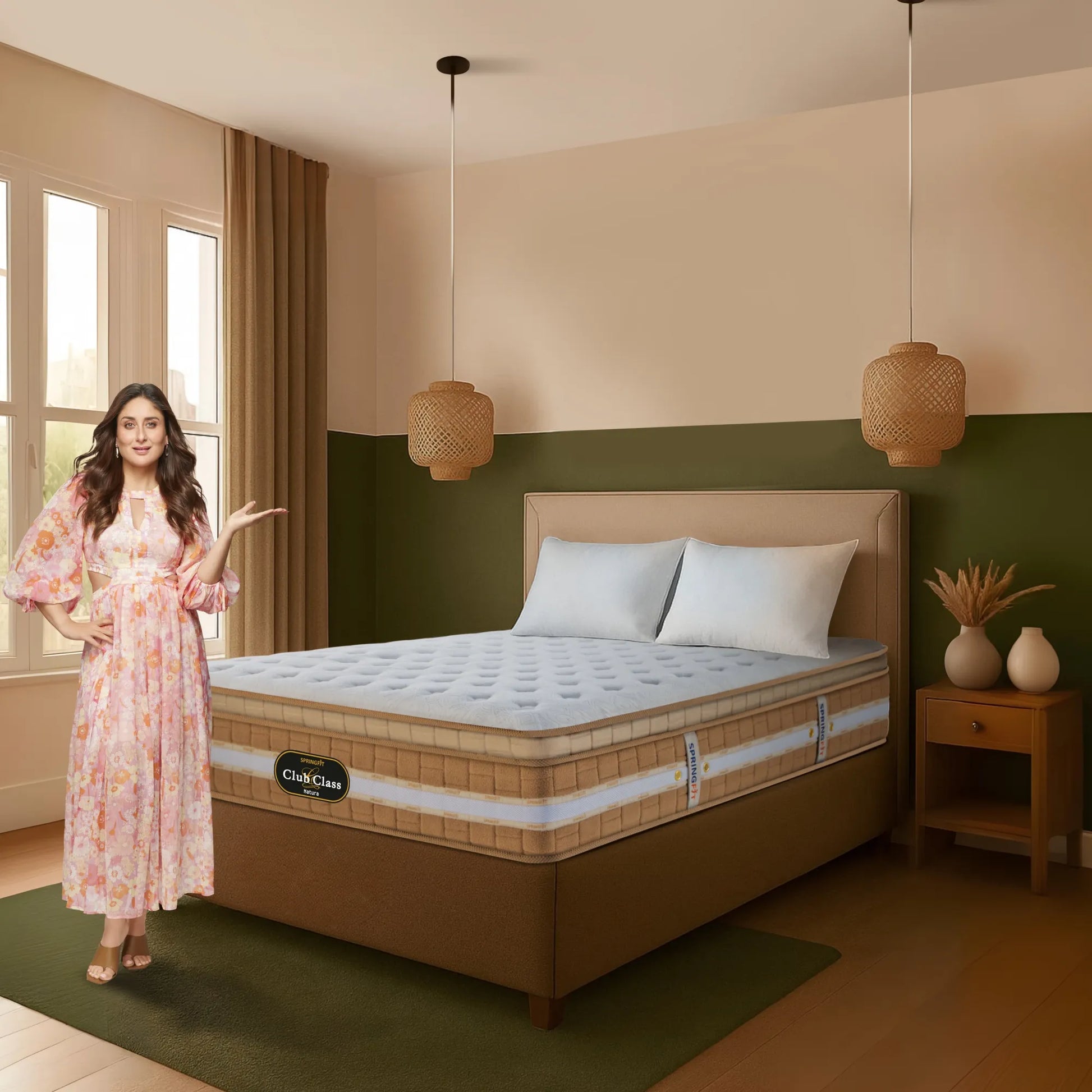 Springfit Club Class Natura mattress lifestyle image with brand ambassador in pink floral dress gesturing toward mattress on brown upholstered bed in warm earthy boho bedroom with rattan pendant lights and green accent wall