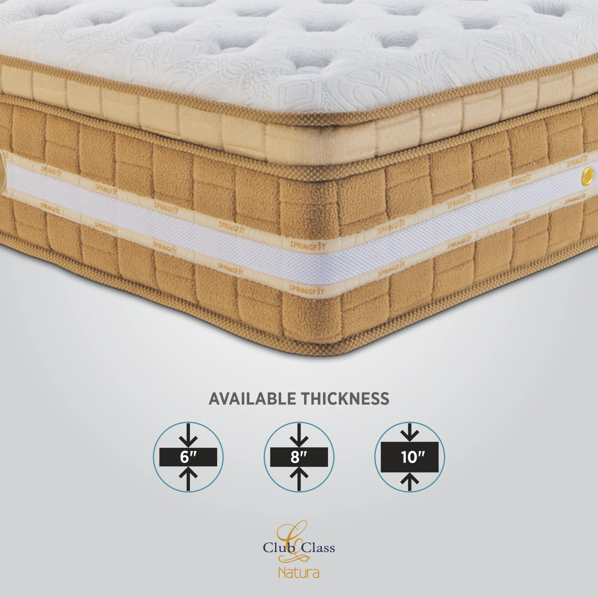 Springfit Club Class Natura mattress corner close-up showing camel woven side border with Springfit branded tape and available thickness options of 6 inch, 8 inch, and 10 inch