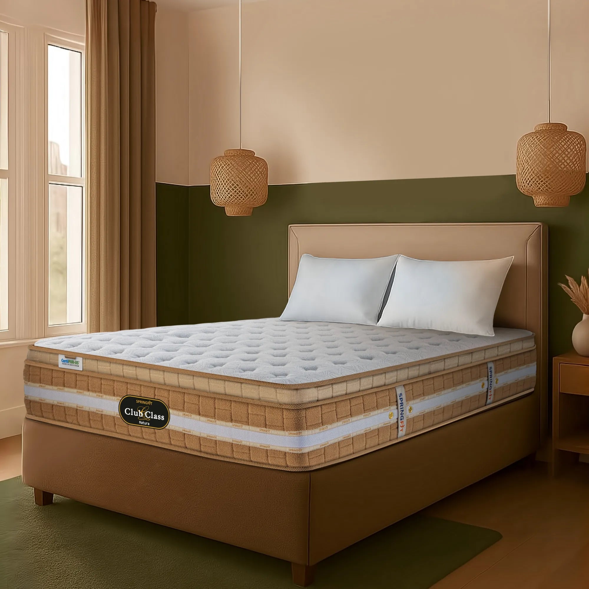 Springfit Club Class Natura luxury pocket spring mattress on brown platform bed with white pillows in warm earthy bedroom with rattan pendant lights, green accent wall, and wooden nightstand