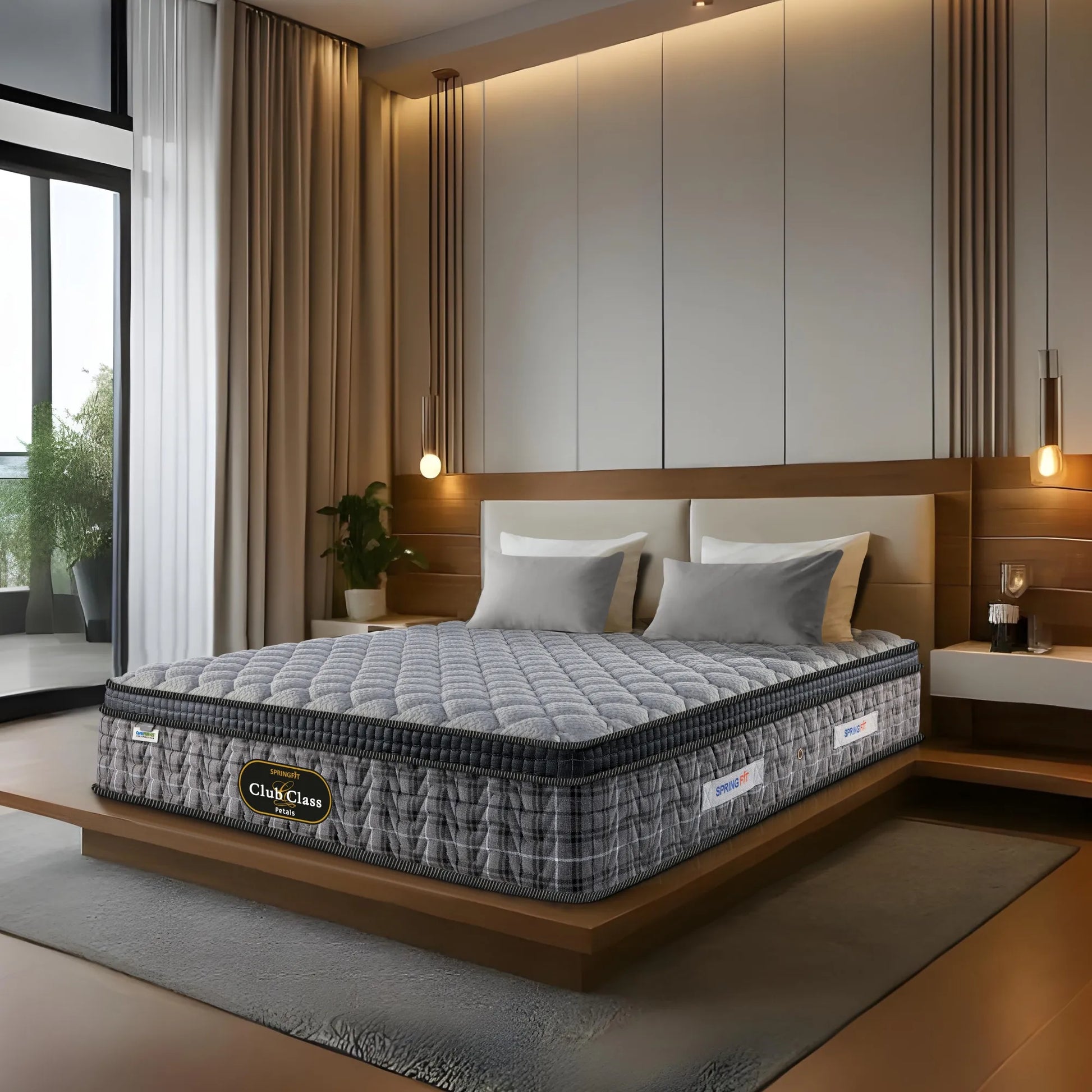 Springfit Club Class Petals mattress on floating wood platform bed with grey pillows in contemporary luxury bedroom with floor-to-ceiling windows, gold pendant lights, sheer curtains, and indoor plants