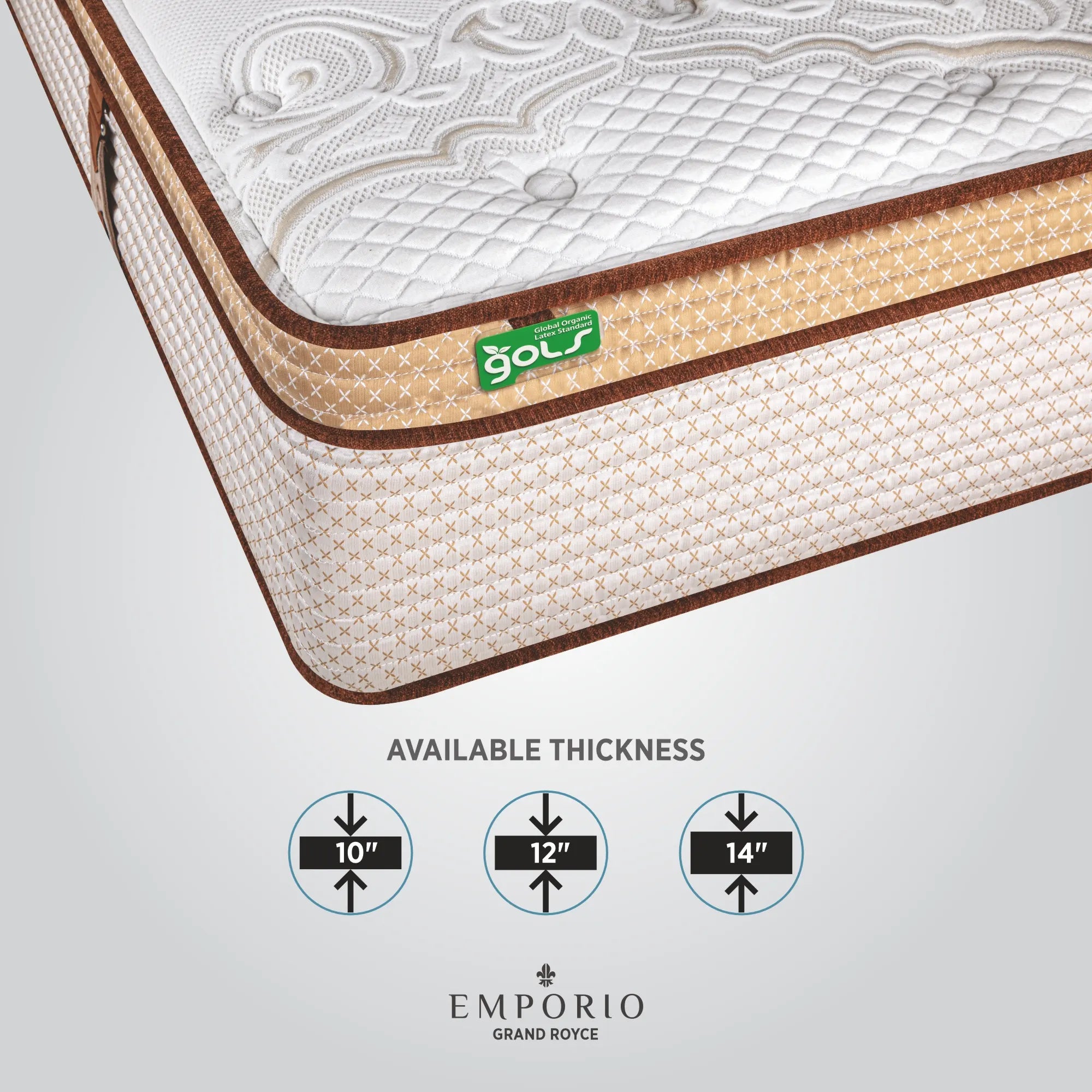 Close-up corner view of Springfit Emporio Grand Royce mattress with GOLS certification label and available thickness options of 10 inch, 12 inch, and 14 inch