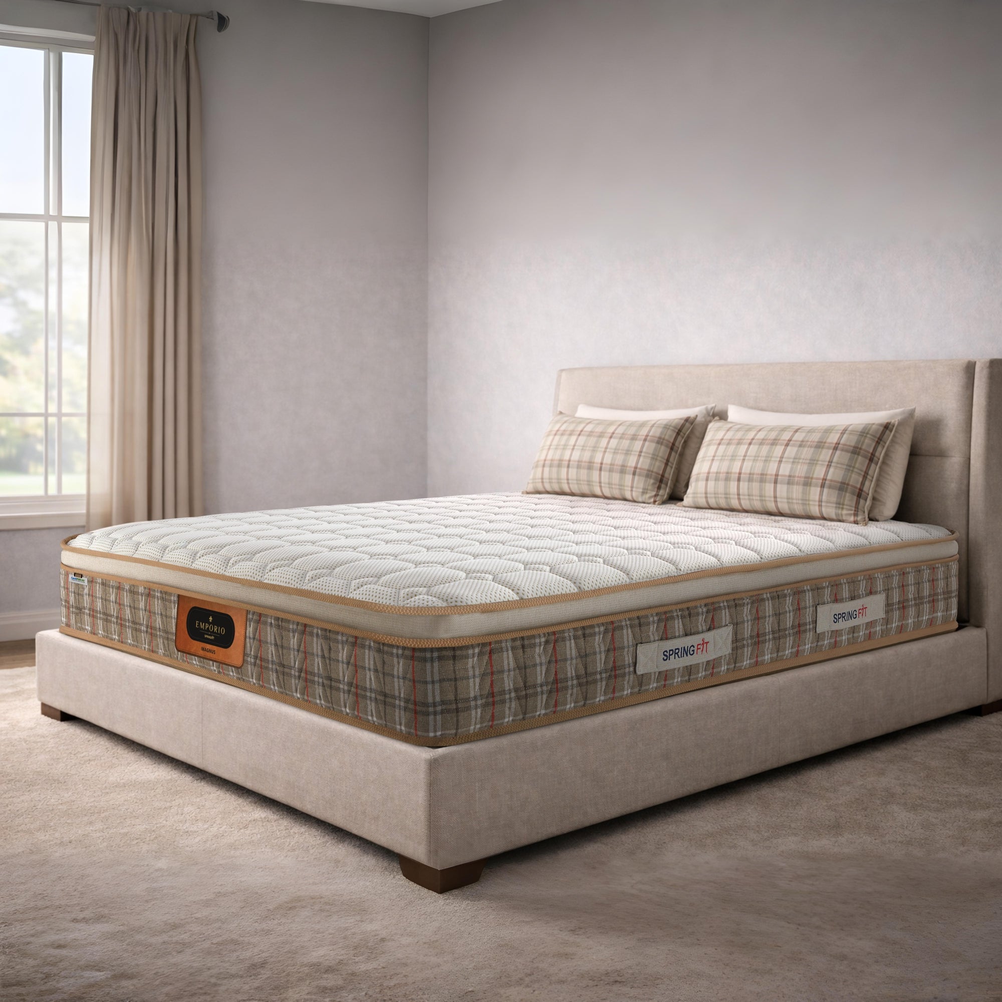 Angled side view of the Springfit Emporio Magnus mattress with a white quilted pillow top and tartan-patterned side border with gold cord trim, on a beige platform bed in a naturally lit room with plaid cushions
