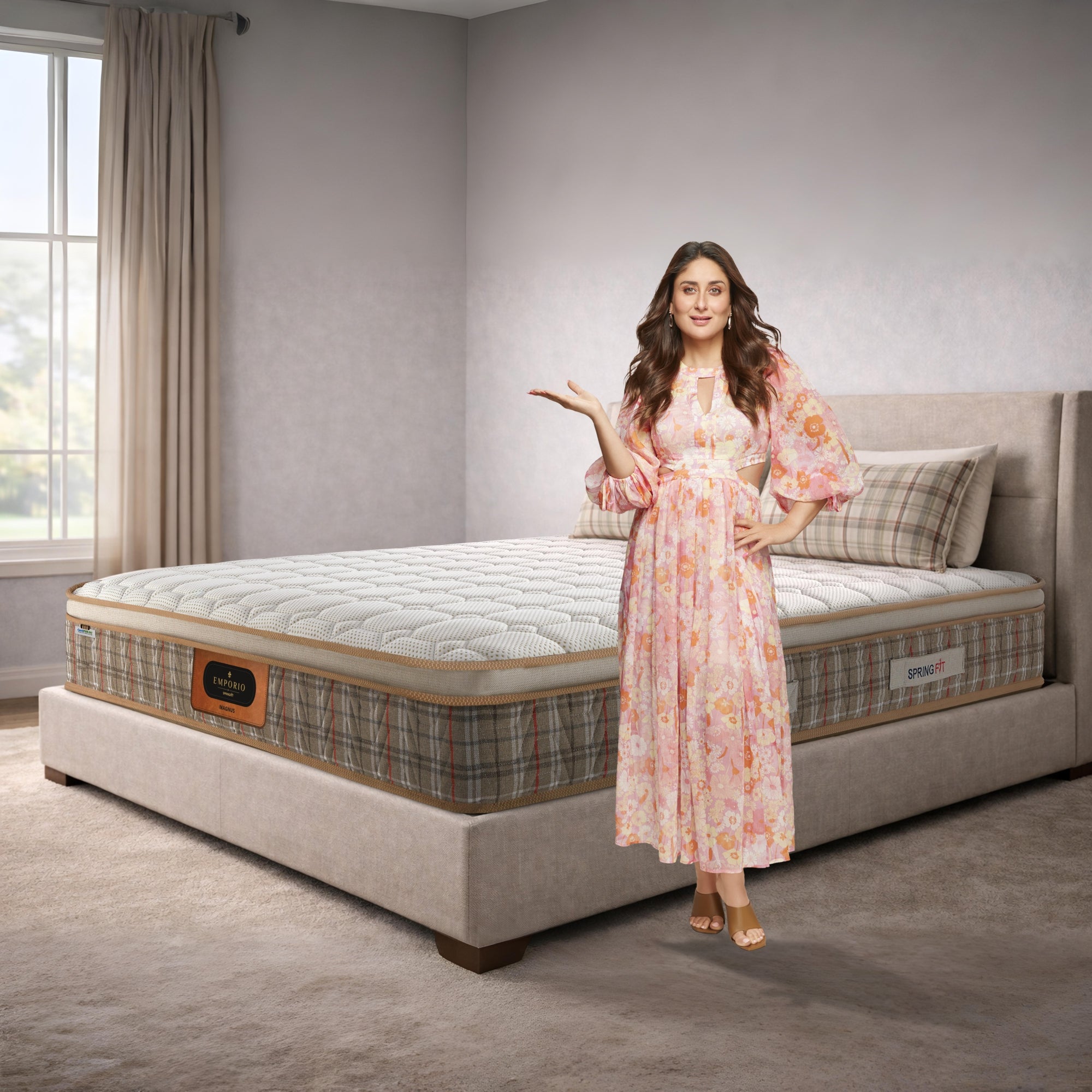 Springfit Emporio Magnus mattress on a beige upholstered bed in a light-toned bedroom with a brand ambassador in a floral dress presenting the product, featuring a distinctive tartan-patterned border and gold trim
