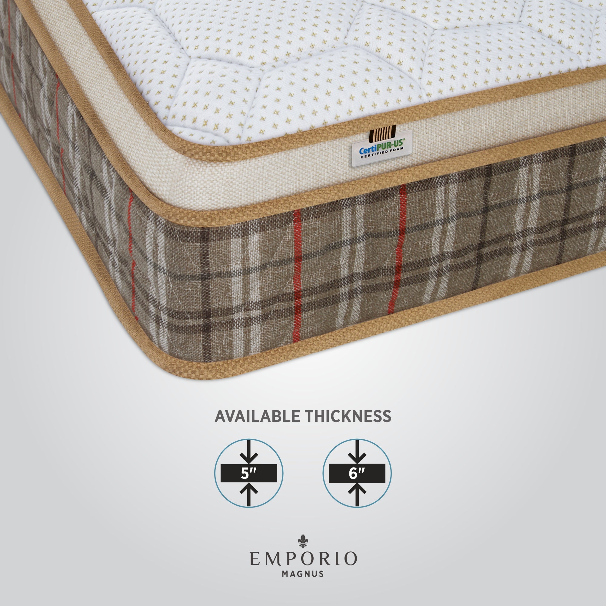 Corner close-up of the Springfit Emporio Grand Royce Magnus mattress highlighting its white star-print quilted top, gold cord border trim, and tartan fabric sides with CertiPUR-US label, accompanied by an infographic showing available thickness options of 5 inches and 6 inches
