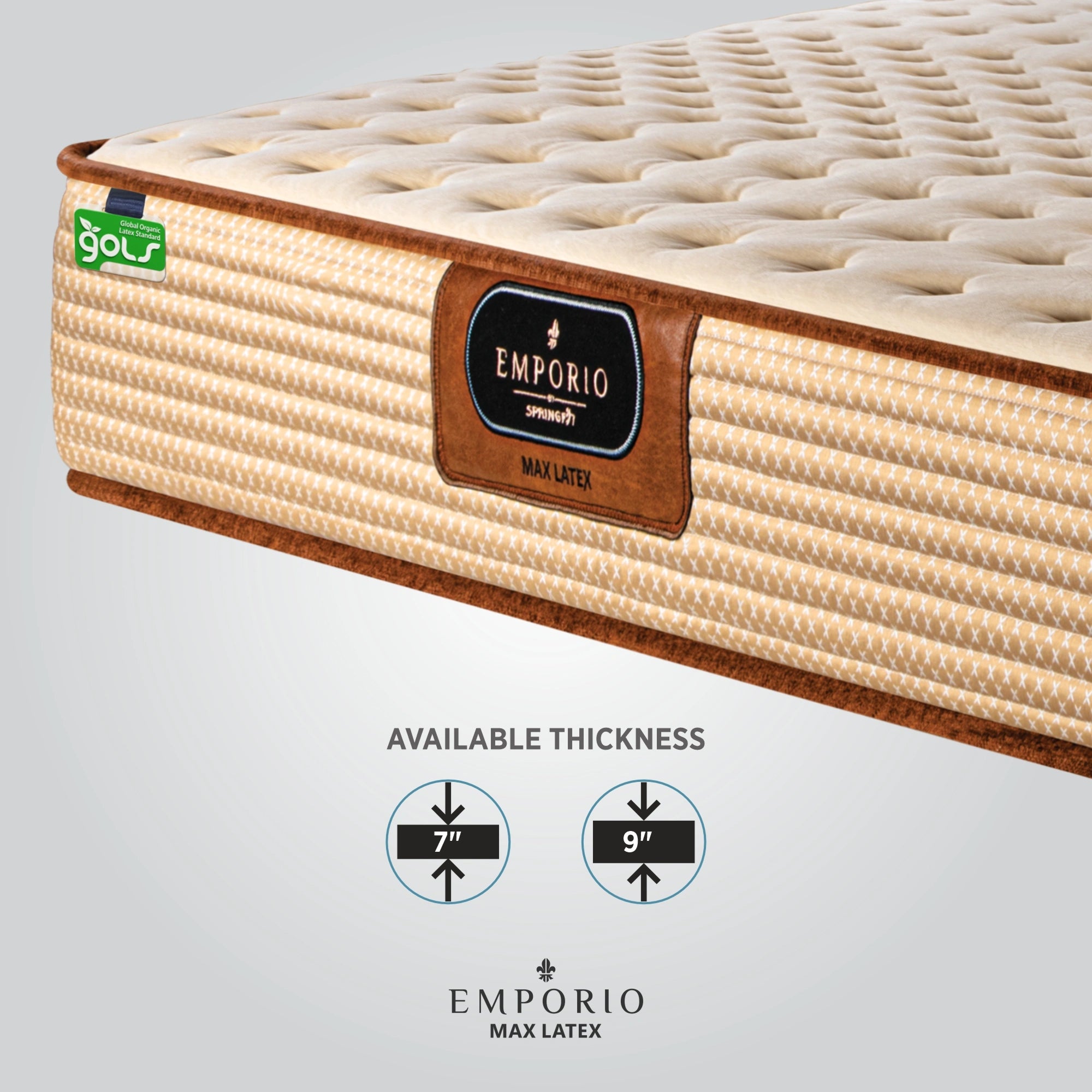 Close-up corner view of Springfit Emporio Max Latex mattress with GOLS certification and available thickness options of 7 inch and 9 inch